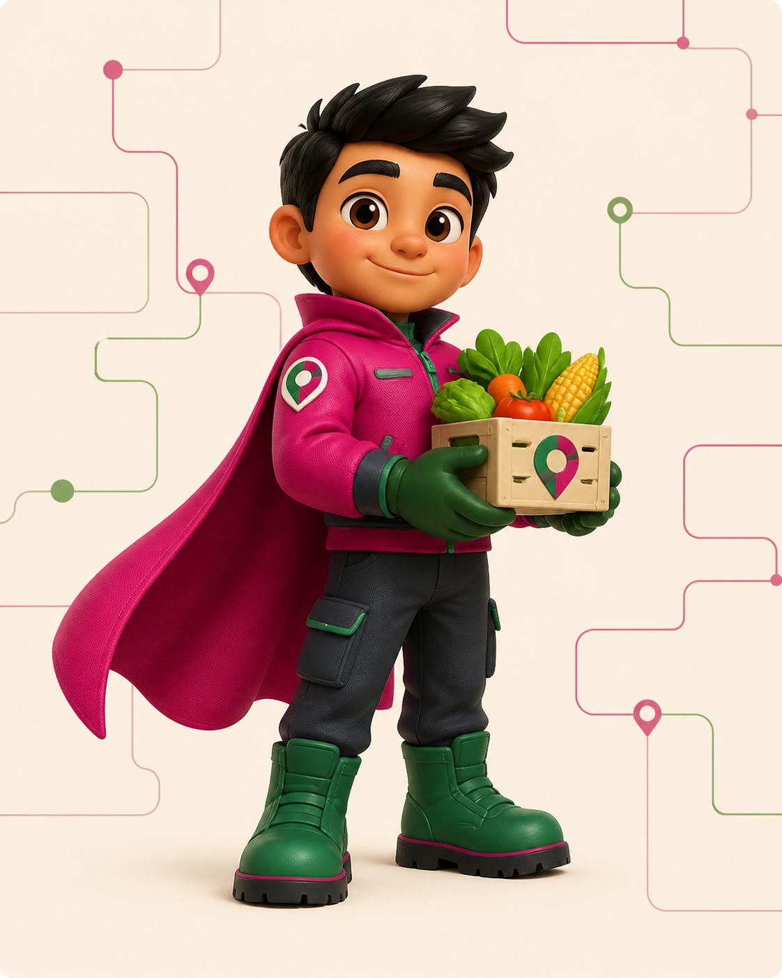 Mascota de SIGA, guardián de ruta y abasto con una caja de productos